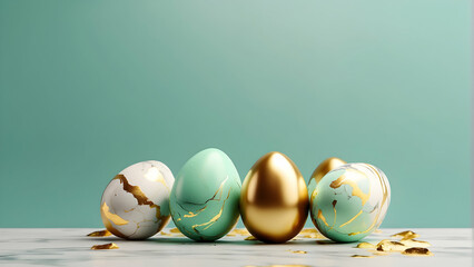 Luxurious golden and marble eggs positioned on a white marble surface against a soft teal background - obrazy, fototapety, plakaty