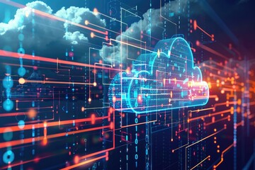 Fototapeta premium The illustration includes elements of social media, AI, online servers, and binary code, against a modern futuristic backdrop. 