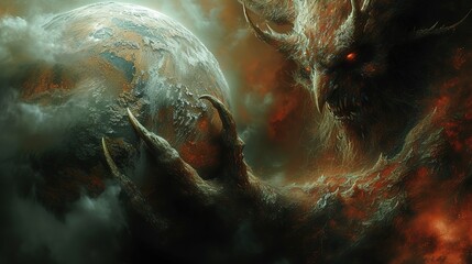 The devil holds the planet in his grasp, his claws piercing the surface, a menacing symbol of destruction and chaos looming over the fragile world 