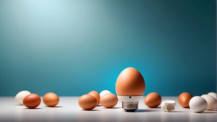 A single brown egg fashioned into a light bulb stand, blending concept and functionality whimsically