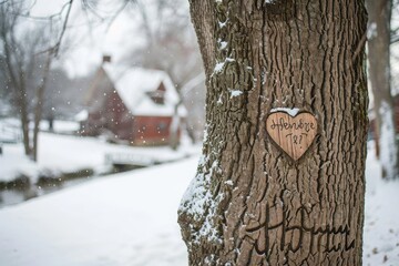 A tree with a heart symbol carved into its bark, showcasing a romantic gesture in nature, A tree with heart-carved initials on a snowy day, AI Generated - Powered by Adobe