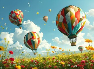 Naklejka premium Colorful Hot Air Balloons Flying Against Blue Sky with Bright Sunlight 