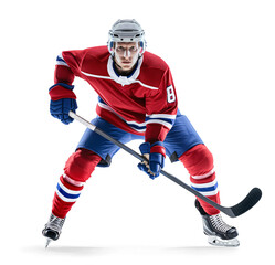 Obraz premium Professional ice hockey player in red jersey, full body visible