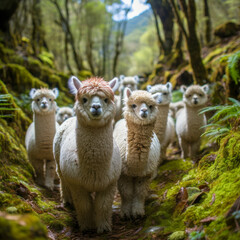 Obraz premium Curious Alpaca in Andean Countryside: Fluffy Wildlife Amidst Rural Beauty - Nature's Grace, Farming Charm