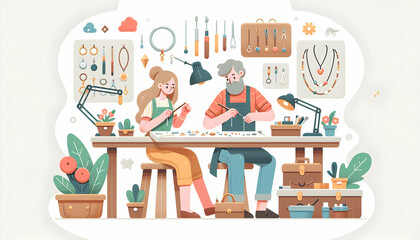 Artisan handiwork: Simple flat vector illustration showcasing the skilled craftsmanship of a jewelry artisan in their candid daily environment and routine of work, isolated on a white background