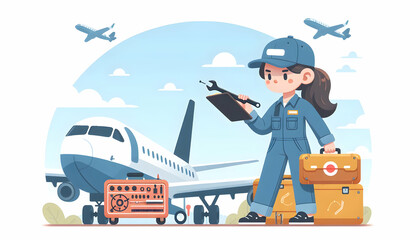 Aviation Maintenance: Aircraft Mechanic Conducts Routine Checks for Airworthiness in Flattering Vector Illustration - obrazy, fototapety, plakaty