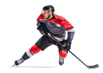 Active ice hockey player in action pose on isolated background