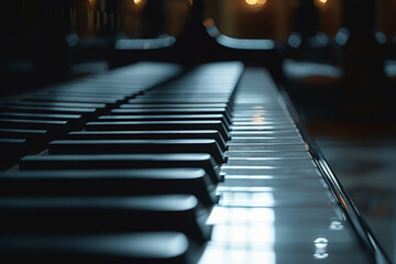 Close-Up of Piano Keys with Dramatic Lighting in Dim Room - obrazy, fototapety, plakaty