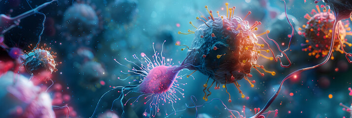 Vivid Artistic Illustration of Natural Killer Cell Function: The Fight Against Cancer - obrazy, fototapety, plakaty