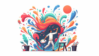 Dance of Brushes: Abstract Artist Splashes Vibrant Paint on Large Canvas in Candid Daily Environment - Simple Flat Vector Illustration