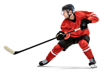 Fototapeta premium Pro ice hockey player in red jersey side view, full body visible