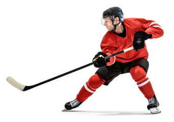 Pro ice hockey player in red jersey side view, full body visible