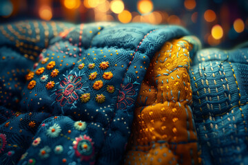 Handcrafted Embroidery on Textile with Festive Bokeh Background - obrazy, fototapety, plakaty