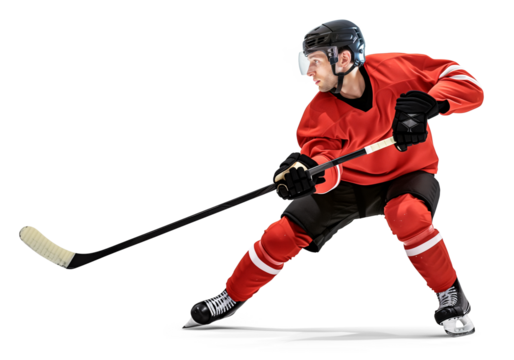 Pro ice hockey player in red jersey side view, full body visible