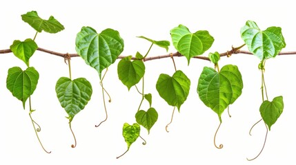 Hanging tropical jungle with heart-shaped green leaves, white background generative ai - obrazy, fototapety, plakaty