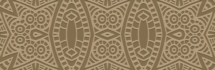 Banner. Relief geometric creative 3D pattern on a beige background. Ornamental cover design, handmade, abstract zentangle. Boho exoticism of the East, Asia, India, Mexico, Aztec, Peru.