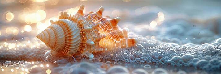 Ethereal Seashells Glistening at Golden Hour on Coastal Shoreline