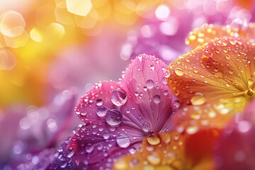 Vivid Macro Image of Dew Drops on Colorful Flower Petals