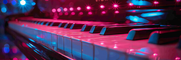 Vibrant Neon Lights on Piano Keyboard in Music Concert Atmosphere - obrazy, fototapety, plakaty