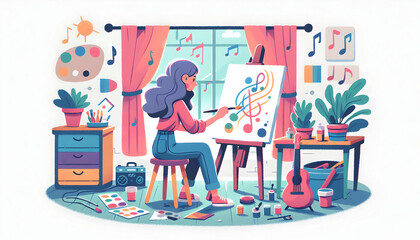 Melody of Colors: Musician Painting in Rhythmic Strokes in Candid Daily Environment - Flat Vector Illustration on Isolated White Background