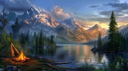 Create a serene and captivating scene of a tranquil lake and majestic mountains. Depict a cozy tent and a blazing campfire, inviting you to escape into the tranquility of nature. - obrazy, fototapety, plakaty