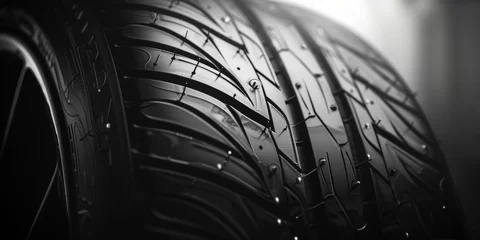 Fotobehang Close-up View of Wet Modern Car Tire in Monochrome © smth.design