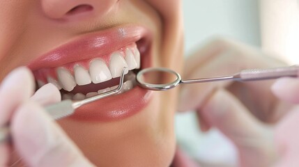 Dentist examining a woman's teeth after a whitening treatment. The woman is smiling and holding a mirror. The dentist is using tools to clean and check her teeth.