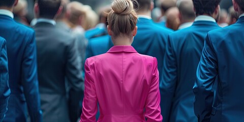Woman in a bright pink professional business suit standing among a sea of men in blue suits - female executive leadership in business concept