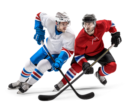 Two ice hockey player in clash competition, isolated background