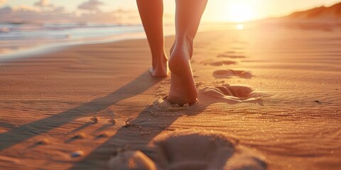 closeup photo of well-pedicured feet walking on beach sand,
