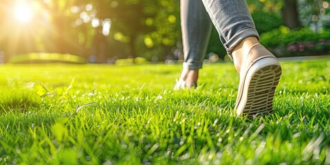 closeup photo of well-pedicured feet walking on fresh green grass