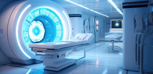 serenity and purity, with the room illuminated by a soft, white light, enhanced by subtle azure touches, creating a tranquil space where the x-ray machine resides harmoniously.
