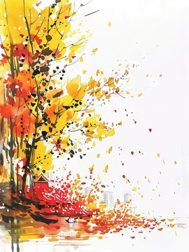 Watercolor with colorful autumn leaves on the trees and ground