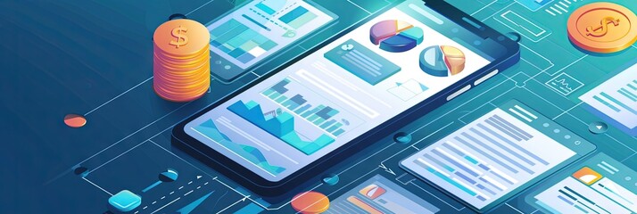 isometric image of a smartphone and a lot of elements of accounting coming out of the screen - obrazy, fototapety, plakaty