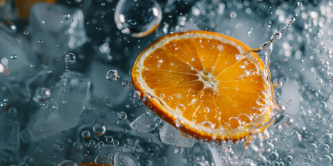 Fresh Orange Slice Splashed with Water Droplets
