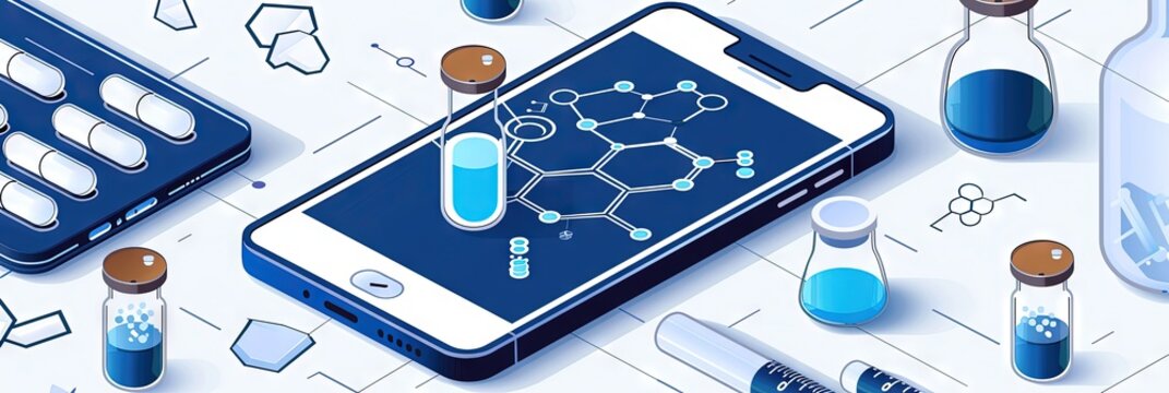 isometric image of a smartphone and a lot of elements of biochemistry coming out of the screen 