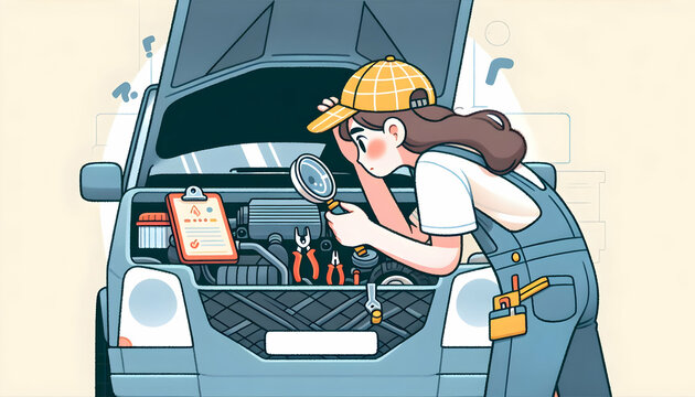 Professional mechanic examining a complex issue under the hood, in a simple flat vector illustration with a candid daily work routine theme and isolated white background