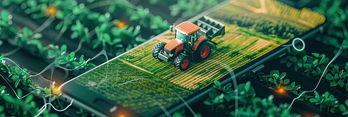 isometric photograph of a smartphone and agribusiness coming out of the screen -