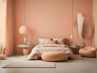 Bedroom in pastel tone peach fuzz color trend 2024 year and gray wall empty luxery background for art. Modern premium cozy room interior home  design.  accents  3d render