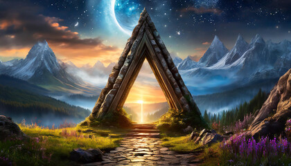 Magic triangle portal at night. Fantasy landscape. Beautiful mystery scenery. Digital artwork. - obrazy, fototapety, plakaty