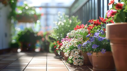 Fototapeta na wymiar Sunny Balcony Garden with Blooming Flowers in Terracotta Pots