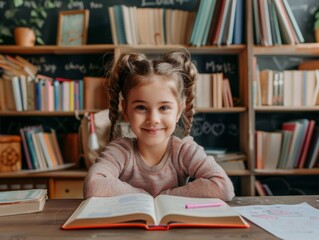 Learning, drawing and portrait of girl in classroom exam, education or studying with book.