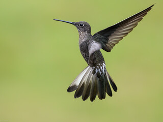 Fototapeta premium Giant Hummingbird in flight on green yellow blur background
