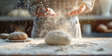 Artisan Baker Preparing Dough with Flour Explosion in Sunlit Bakery