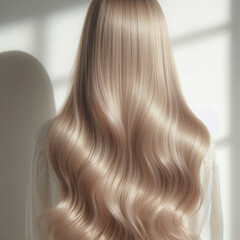 Fototapeta premium Long blonde hair at the back, platinum blonde color. Hair coloring, stylist skills