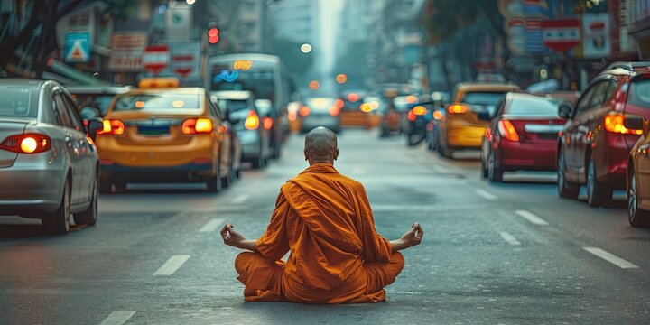 Buddhist monk witting in meditation in the middle of a busy city street filled with traffic - Powered by Adobe