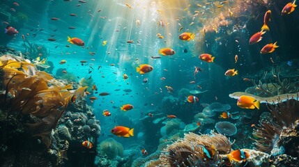 Fototapeta na wymiar Explore the vibrant underwater world of a tropical sea, where colorful fish dance amidst vibrant coral reefs. Dive or snorkel to witness the enchanting marine panorama, teeming with life and beauty.