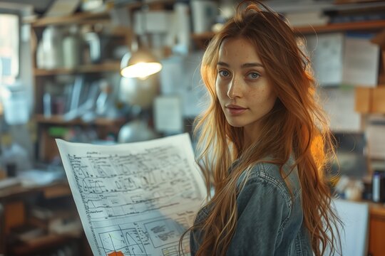 Solo woman with blueprints in a workshop