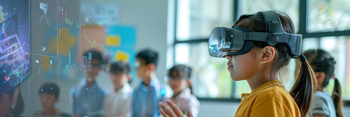 Young kid student using augmented and virtual reality in the classroom for education and learning.