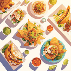Mexican food on white background colorful assortment of food on a table, including rice, tacos, and a variety of vegetables
